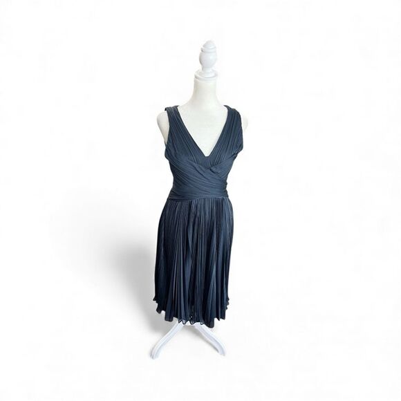 Halston Heritage Navy Pleated Cocktail Dress | V-Neck Sleeveless Fit & Flare | S - Picture 3 of 9